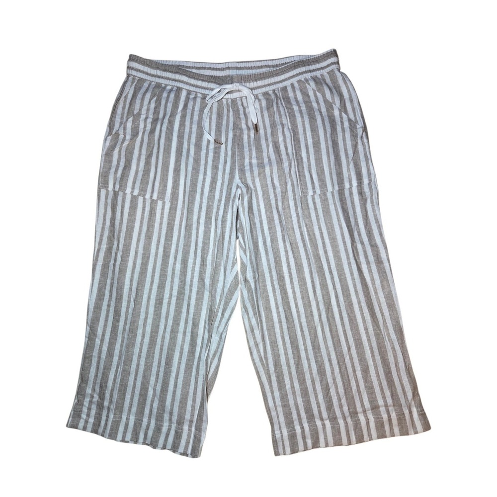 Land N Sea Linen Blend Striped Beige White Cropped Wide Leg Beachy Pants 2X NWOT